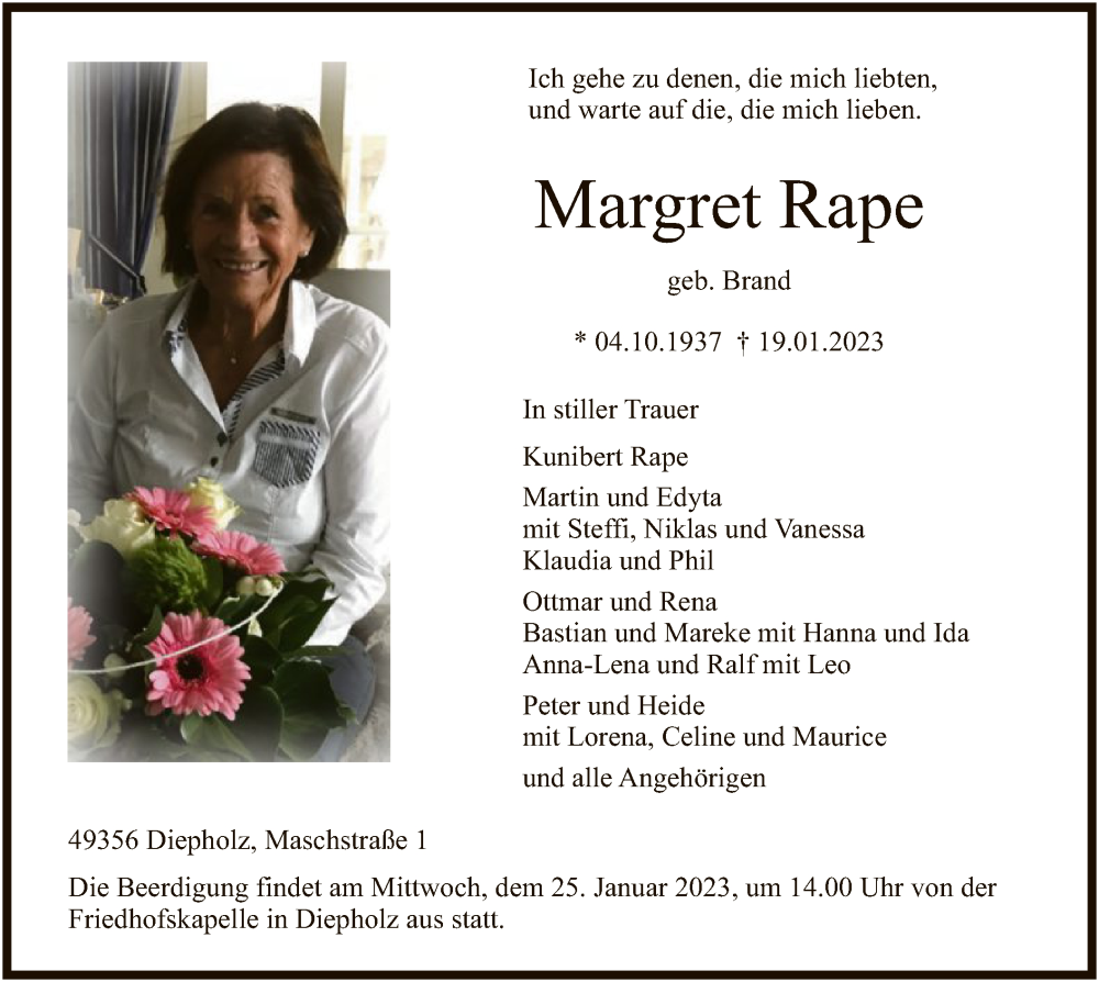  Traueranzeige für Margret Rape vom 21.01.2023 aus SYK