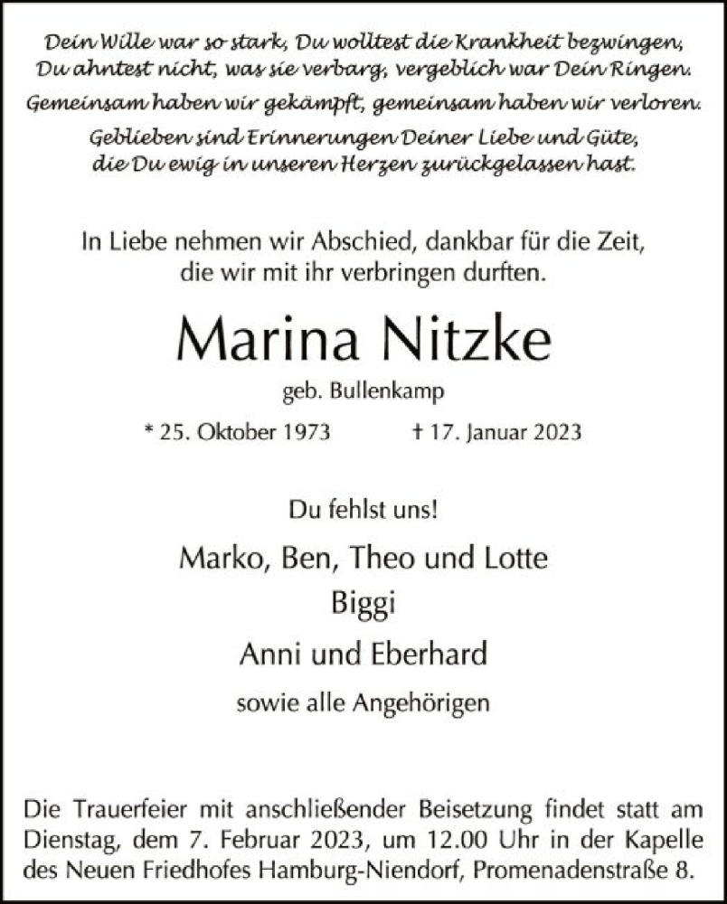  Traueranzeige für Marina Nitzke vom 28.01.2023 aus SYK