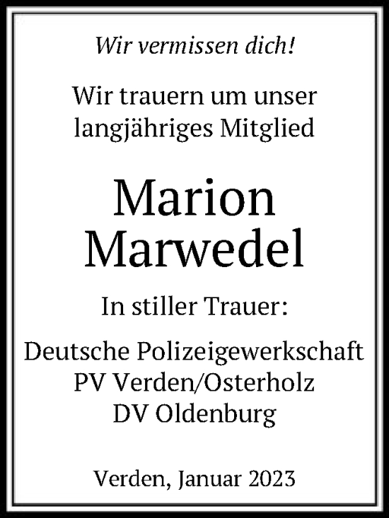 Traueranzeige von Marion Marwedel von SYK