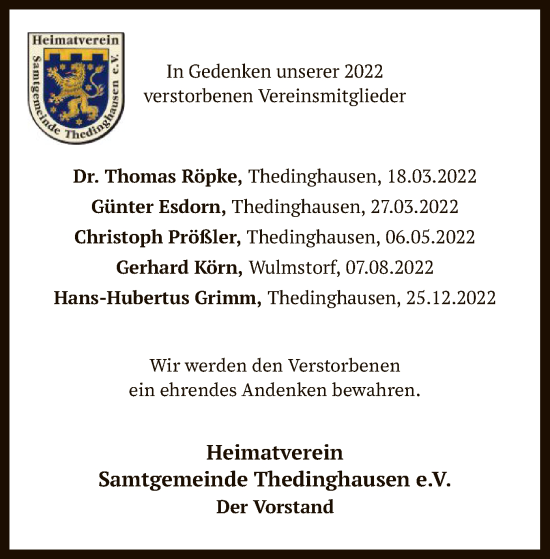 Traueranzeige von Nachruf Heimatverein Samtgemeinde Thedinghausen e.V. von SYK