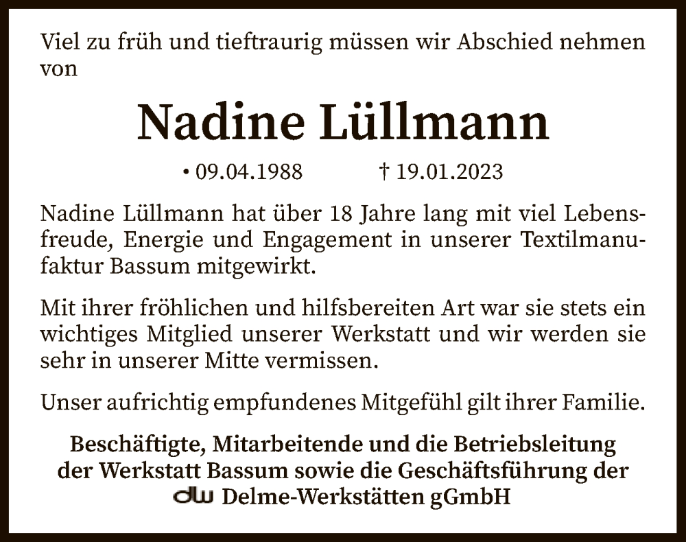  Traueranzeige für Nadine Lüllmann vom 24.01.2023 aus SYK