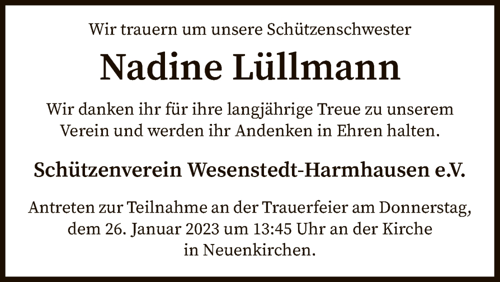  Traueranzeige für Nadine Lüllmann vom 24.01.2023 aus SYK