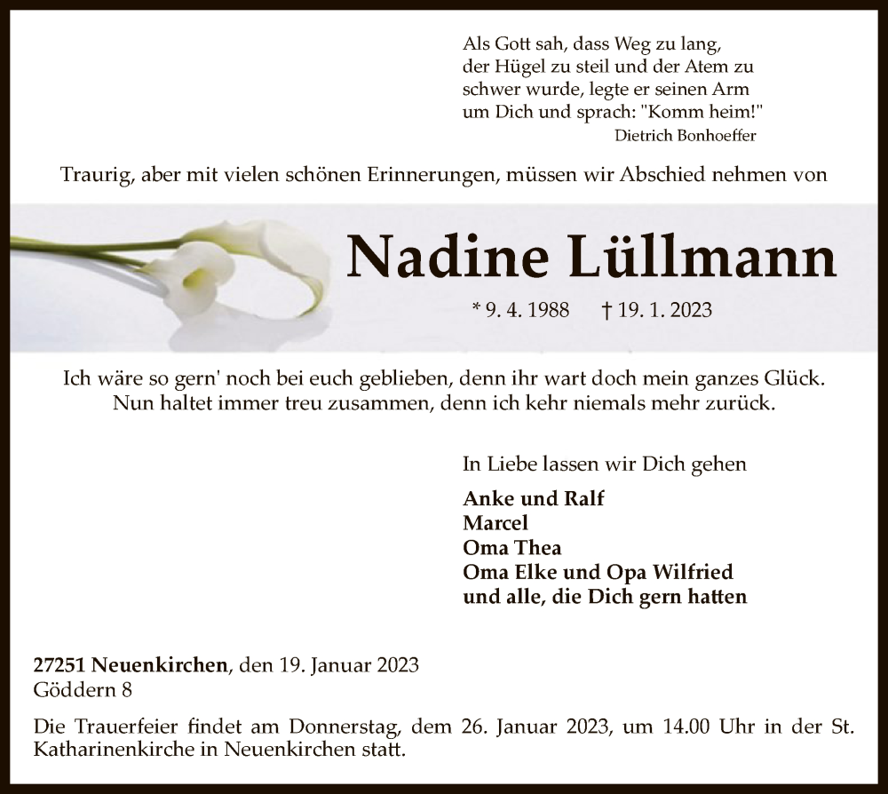  Traueranzeige für Nadine Lüllmann vom 21.01.2023 aus SYK