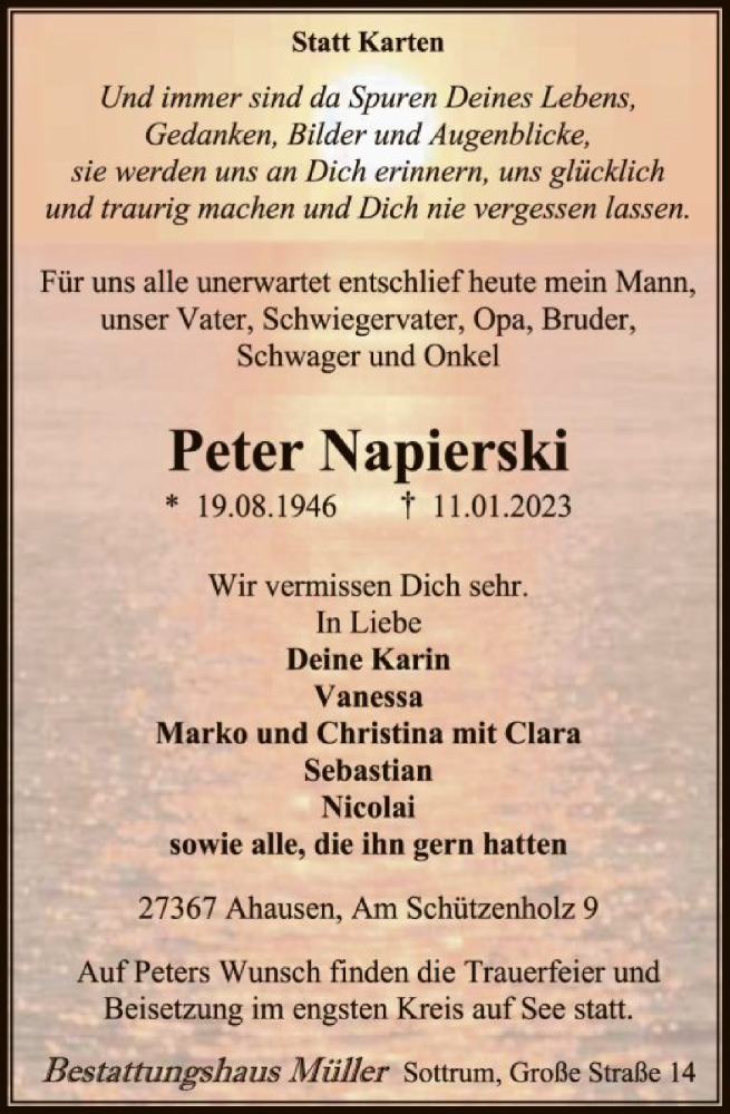  Traueranzeige für Peter Napierski vom 21.01.2023 aus SYK