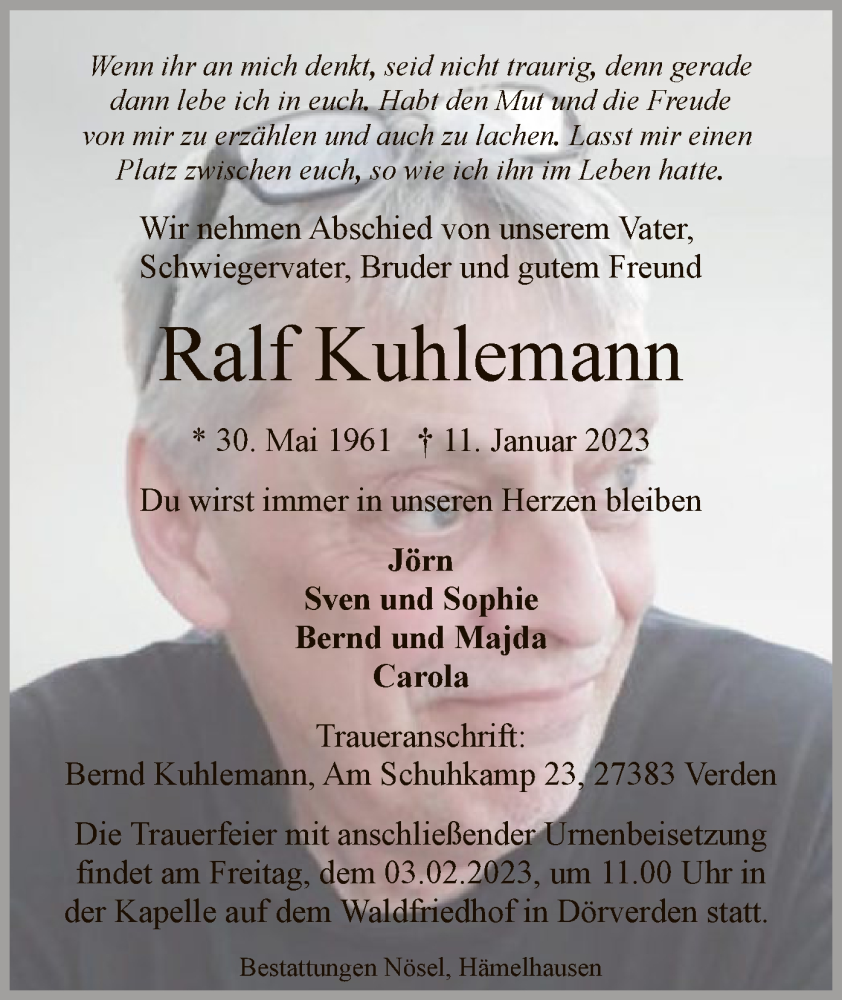  Traueranzeige für Ralf Kuhlemann vom 28.01.2023 aus SYK