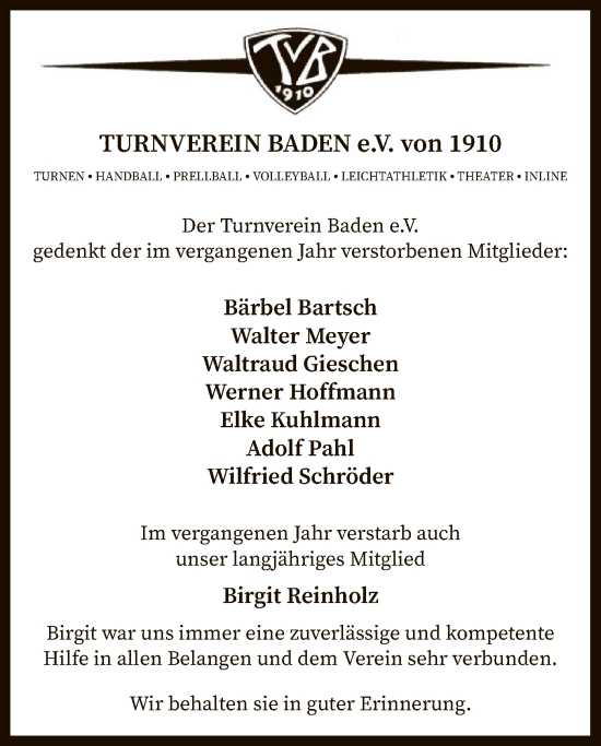 Traueranzeige von TURNVEREIN BADEN e.V. von 1910 gedenkt von SYK