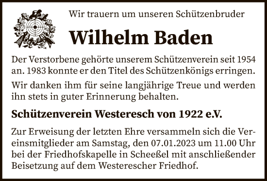 Traueranzeige von Wilhelm Baden von SYK