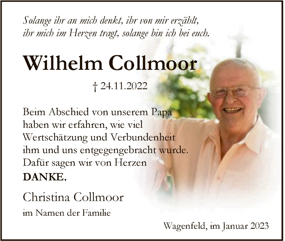  Traueranzeige für Wilhelm Collmoor vom 21.01.2023 aus SYK