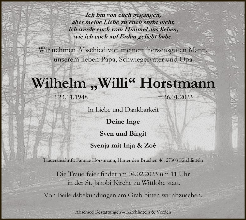  Traueranzeige für Wilhelm Horstmann vom 31.01.2023 aus SYK