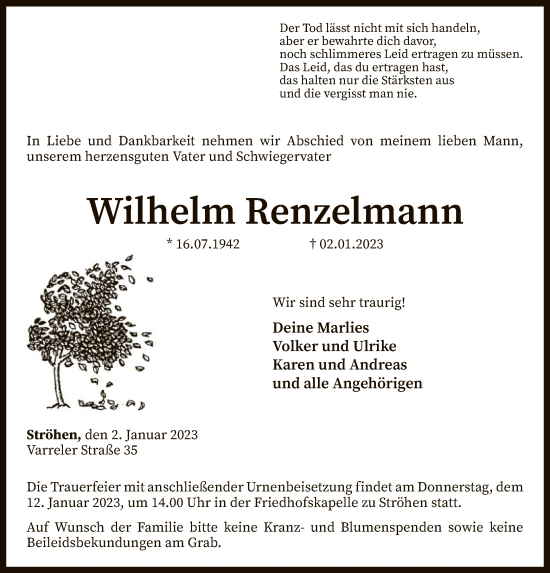 Traueranzeige von Wilhelm Renzelmann von SYK