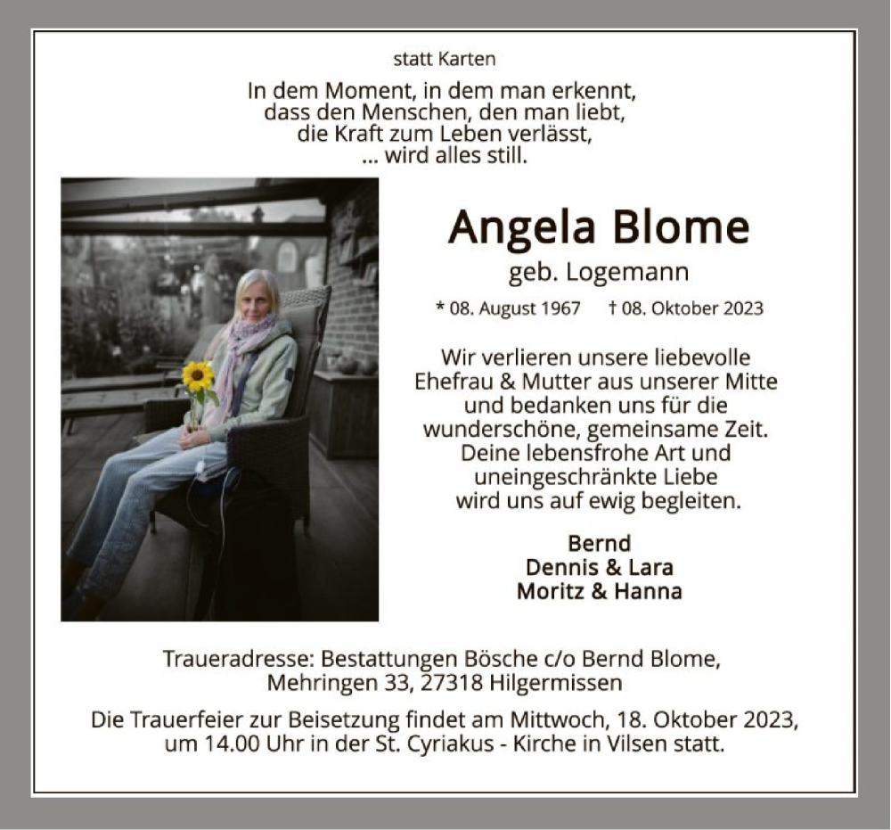  Traueranzeige für Angela Blome vom 14.10.2023 aus SYKSYK