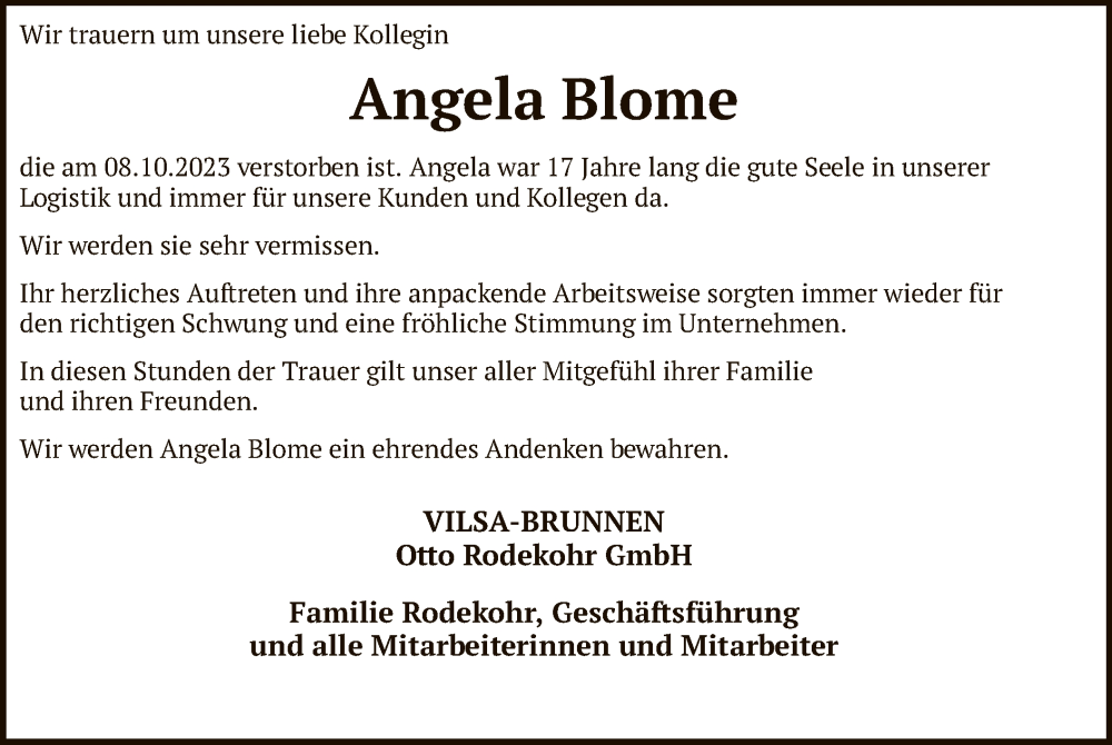  Traueranzeige für Angela Blome vom 14.10.2023 aus SYK