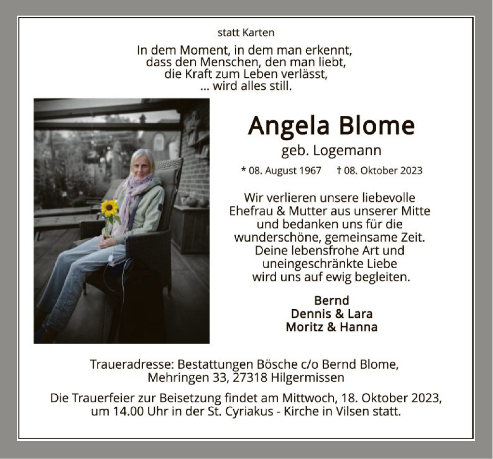  Traueranzeige für Angela Blome vom 17.10.2023 aus SYK