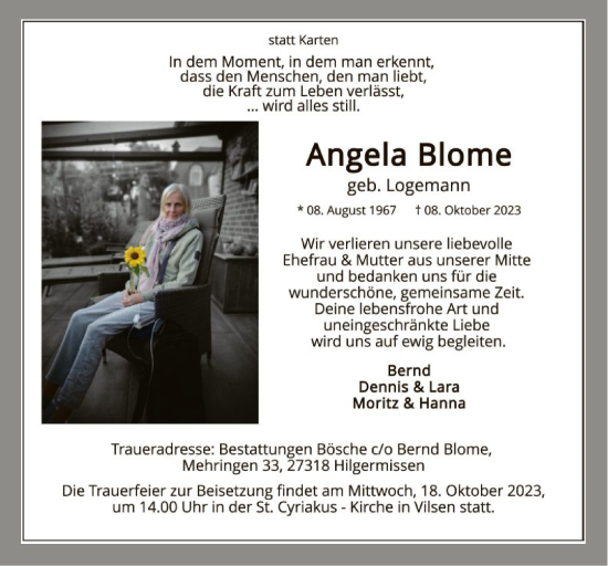 Traueranzeige von Angela Blome von SYKSYK