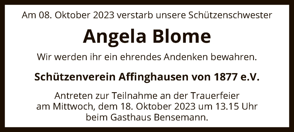  Traueranzeige für Angela Blome vom 17.10.2023 aus SYKSYK