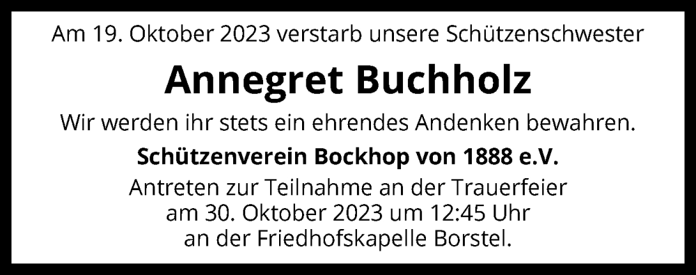  Traueranzeige für Annegret Buchholz vom 26.10.2023 aus SYK