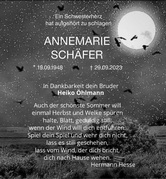 Traueranzeige von Annemarie Schäfer von SYK