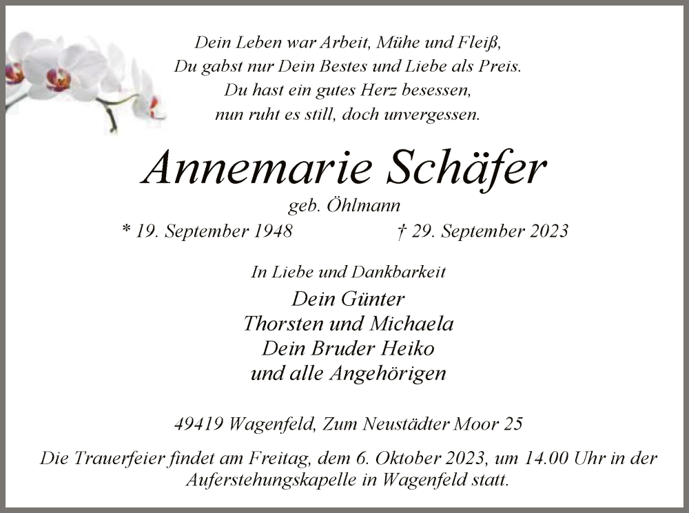  Traueranzeige für Annemarie Schäfer vom 04.10.2023 aus SYK