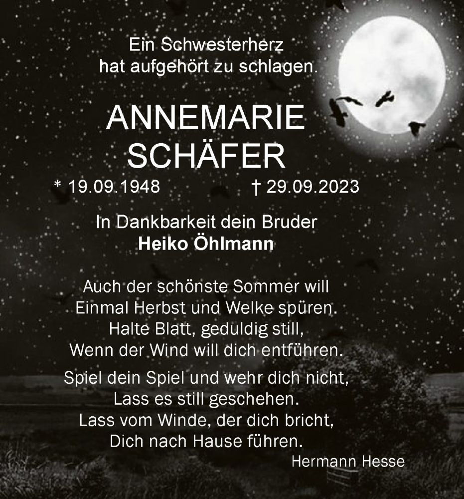  Traueranzeige für Annemarie Schäfer vom 04.10.2023 aus SYK