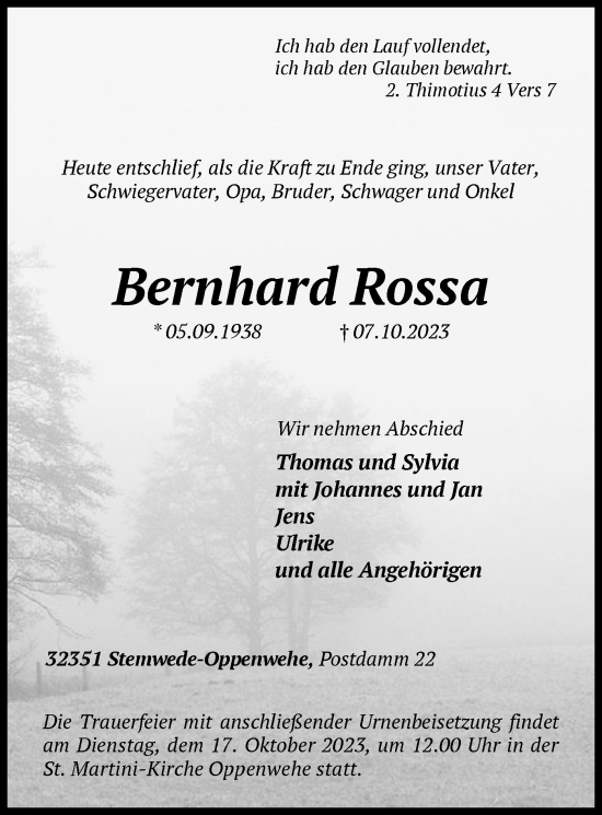 Traueranzeige von Bernhard Rossa von SYK