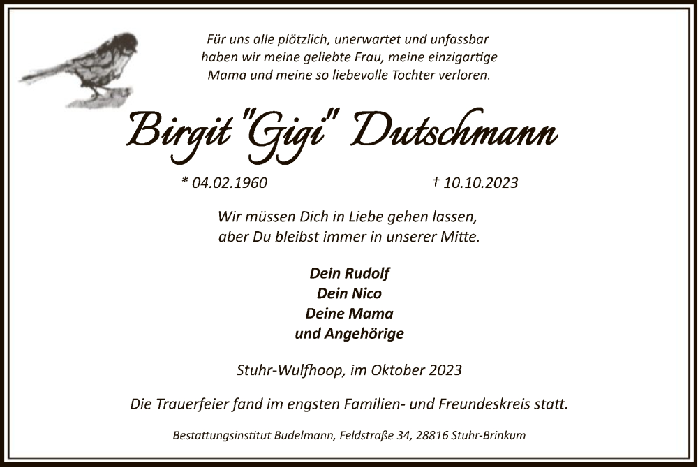  Traueranzeige für Birgit Dutschmann vom 21.10.2023 aus SYKSYK