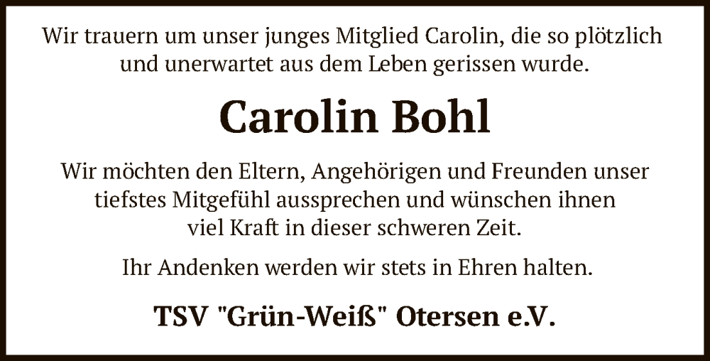  Traueranzeige für Carolin Bohl vom 28.10.2023 aus SYK