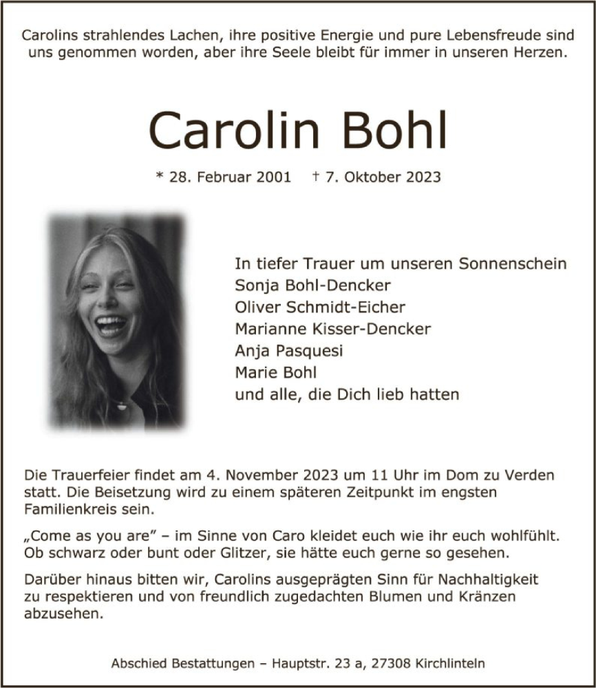  Traueranzeige für Carolin Bohl vom 28.10.2023 aus SYK