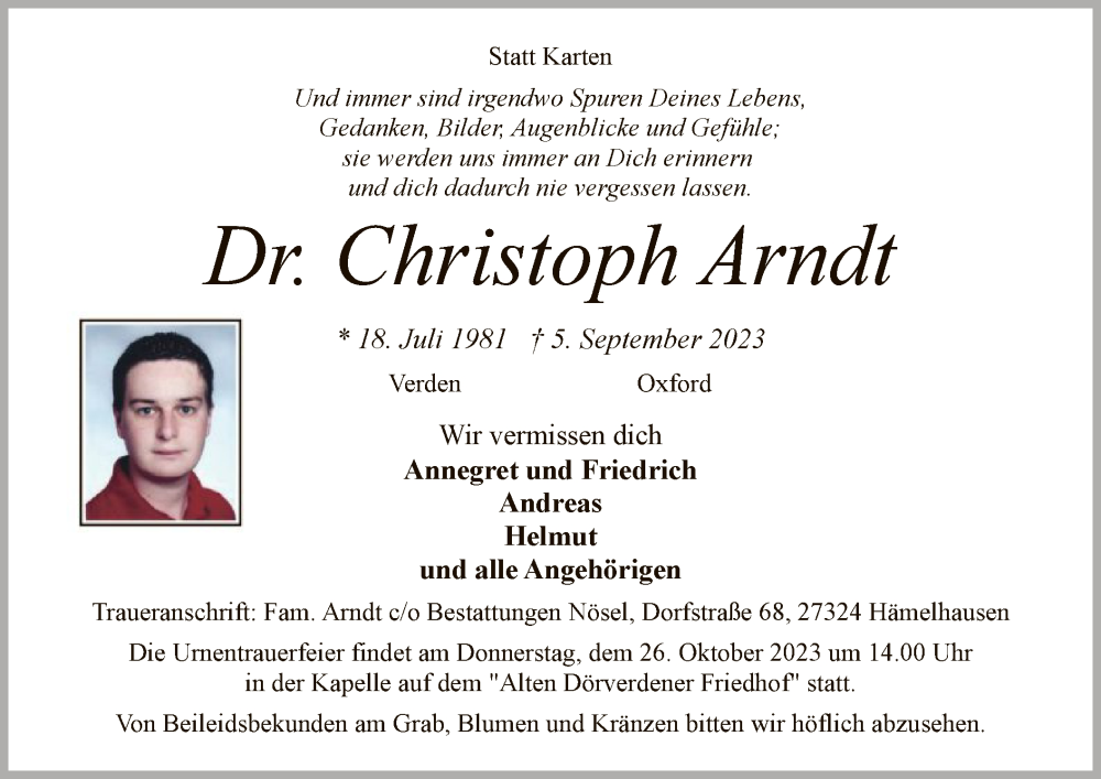  Traueranzeige für Christoph Arndt vom 24.10.2023 aus SYK