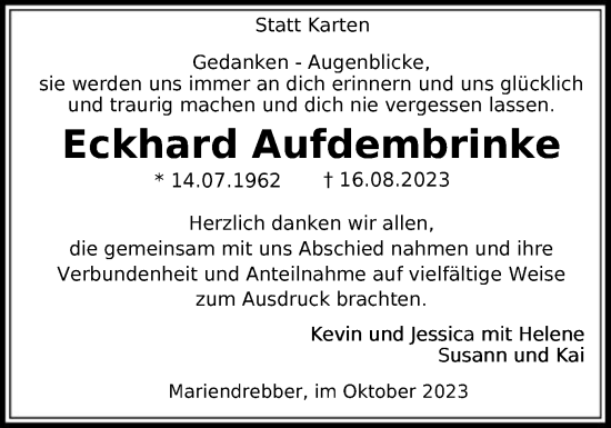 Traueranzeige von Eckhard Aufdembrinke von SYK