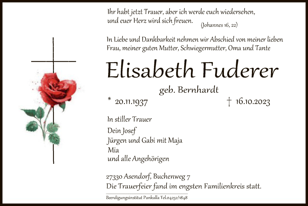  Traueranzeige für Elisabeth Fuderer vom 21.10.2023 aus SYK