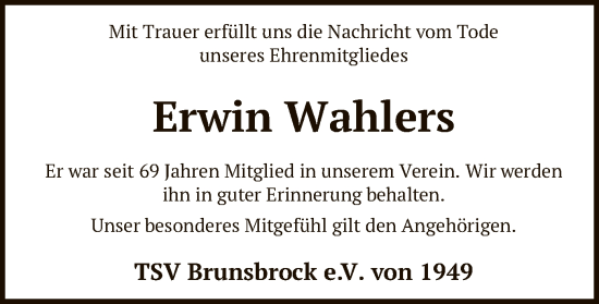 Traueranzeige von Erwin Wahlers von SYK