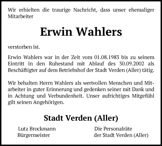 Traueranzeige von Erwin Wahlers von SYK