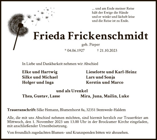 Traueranzeige von Frieda Frickenschmidt von SYK