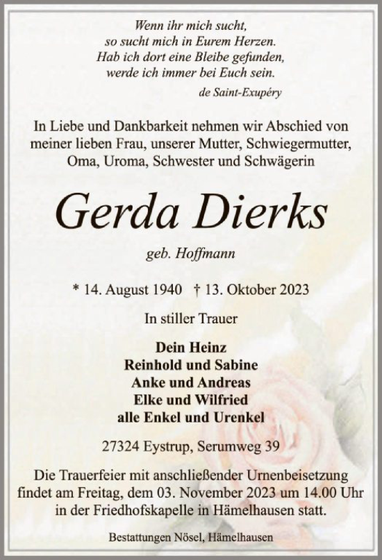 Traueranzeige von Gerda Dierks von SYK