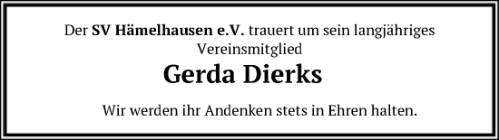 Traueranzeige von Gerda Dierks von SYK