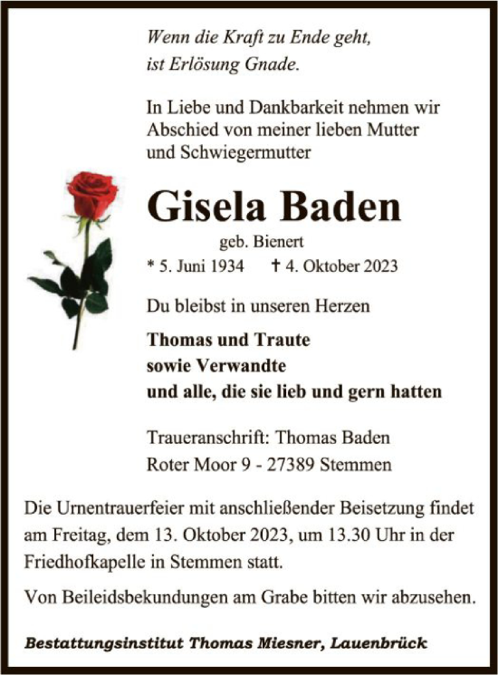 Traueranzeige von Gisela Baden von SYK