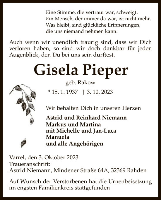 Traueranzeige von Gisela Pieper von SYK