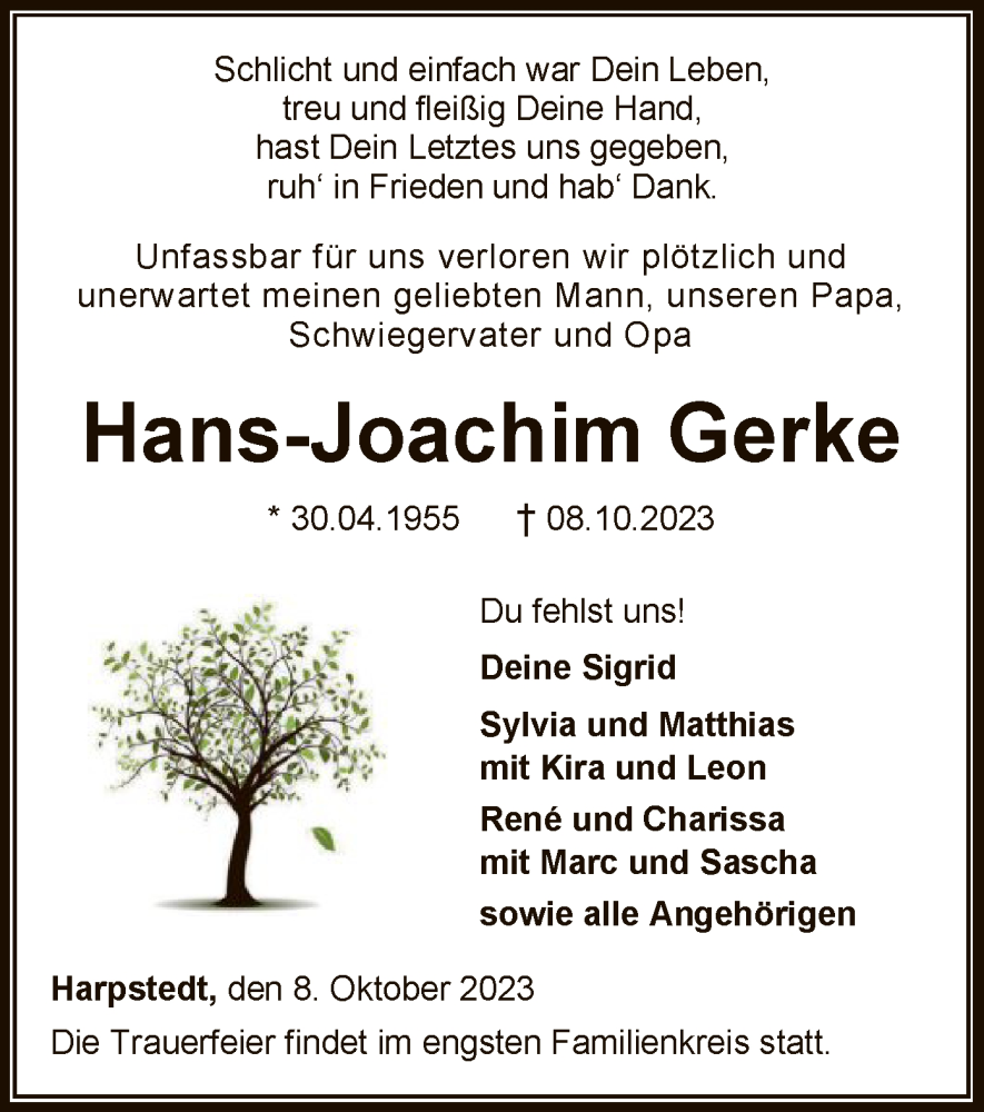  Traueranzeige für Hans-Joachim Gerke vom 11.10.2023 aus SYKSYK