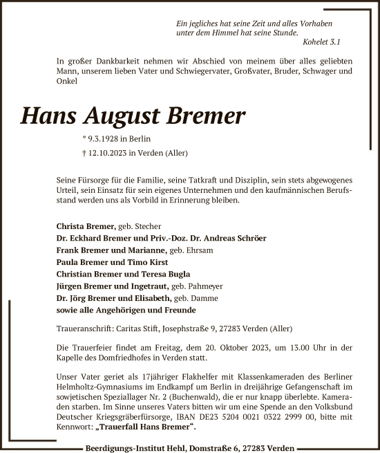 Traueranzeige von Hans August Bremer von SYK