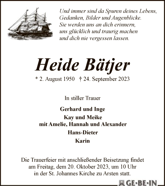 Traueranzeige von Heide Bätjer von SYK