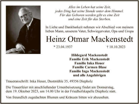 Traueranzeige von Heinz Otmar Mackenstedt von SYK