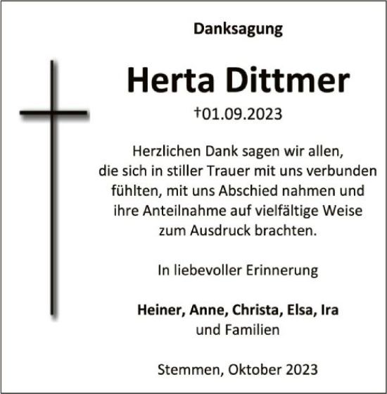 Traueranzeige von Herta Dittmer von SYK