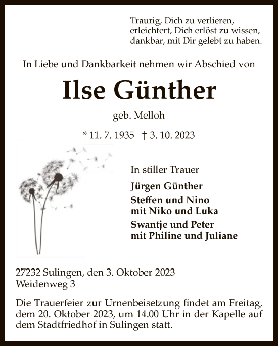 Traueranzeige von Ilse Günther von SYK