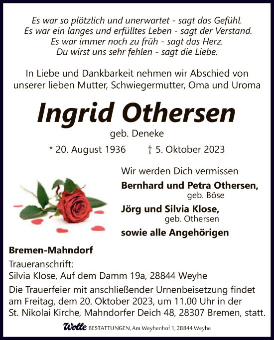 Traueranzeige von Ingrid Othersen von SYK