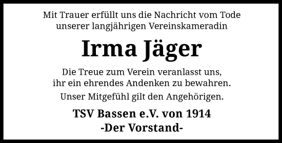 Traueranzeige von Irma Jäger von SYK