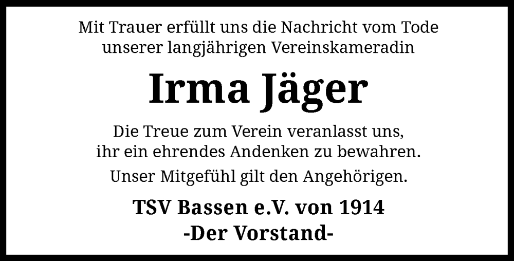  Traueranzeige für Irma Jäger vom 10.10.2023 aus SYK