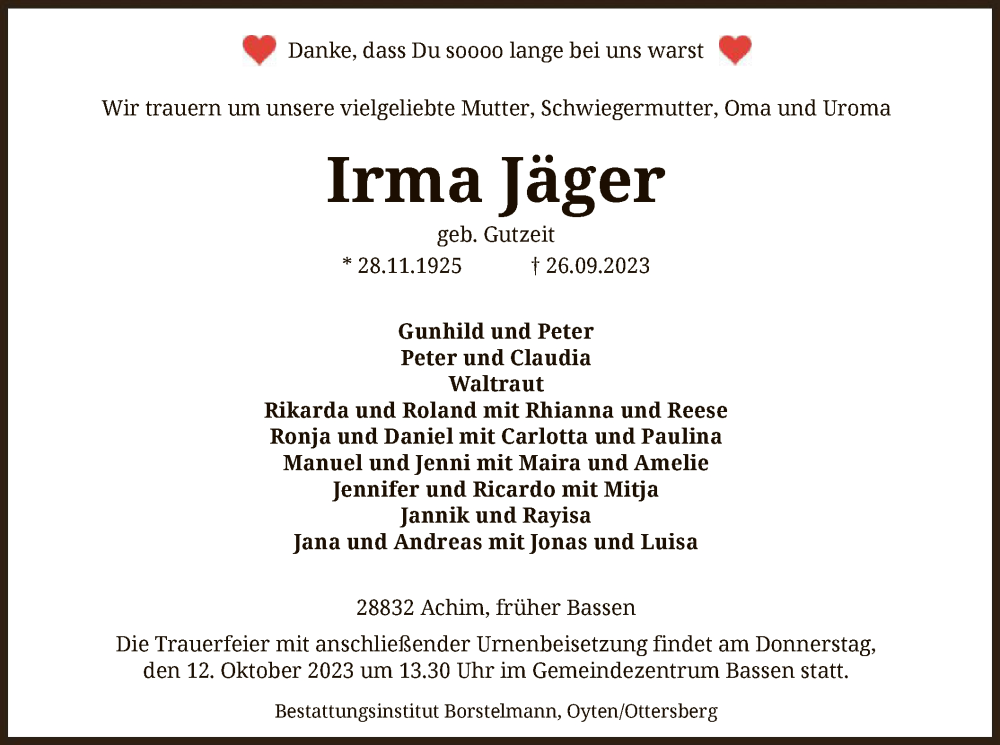  Traueranzeige für Irma Jäger vom 07.10.2023 aus SYK