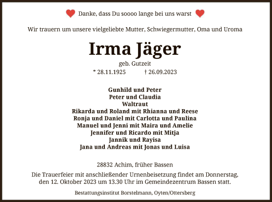 Traueranzeige von Irma Jäger von SYK