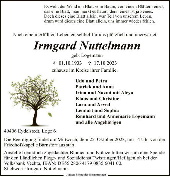 Traueranzeige von Irmgard Nuttelmann von SYK