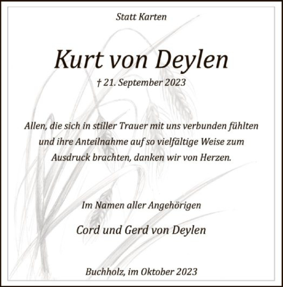 Traueranzeige von Kurt von Deylen von SYK